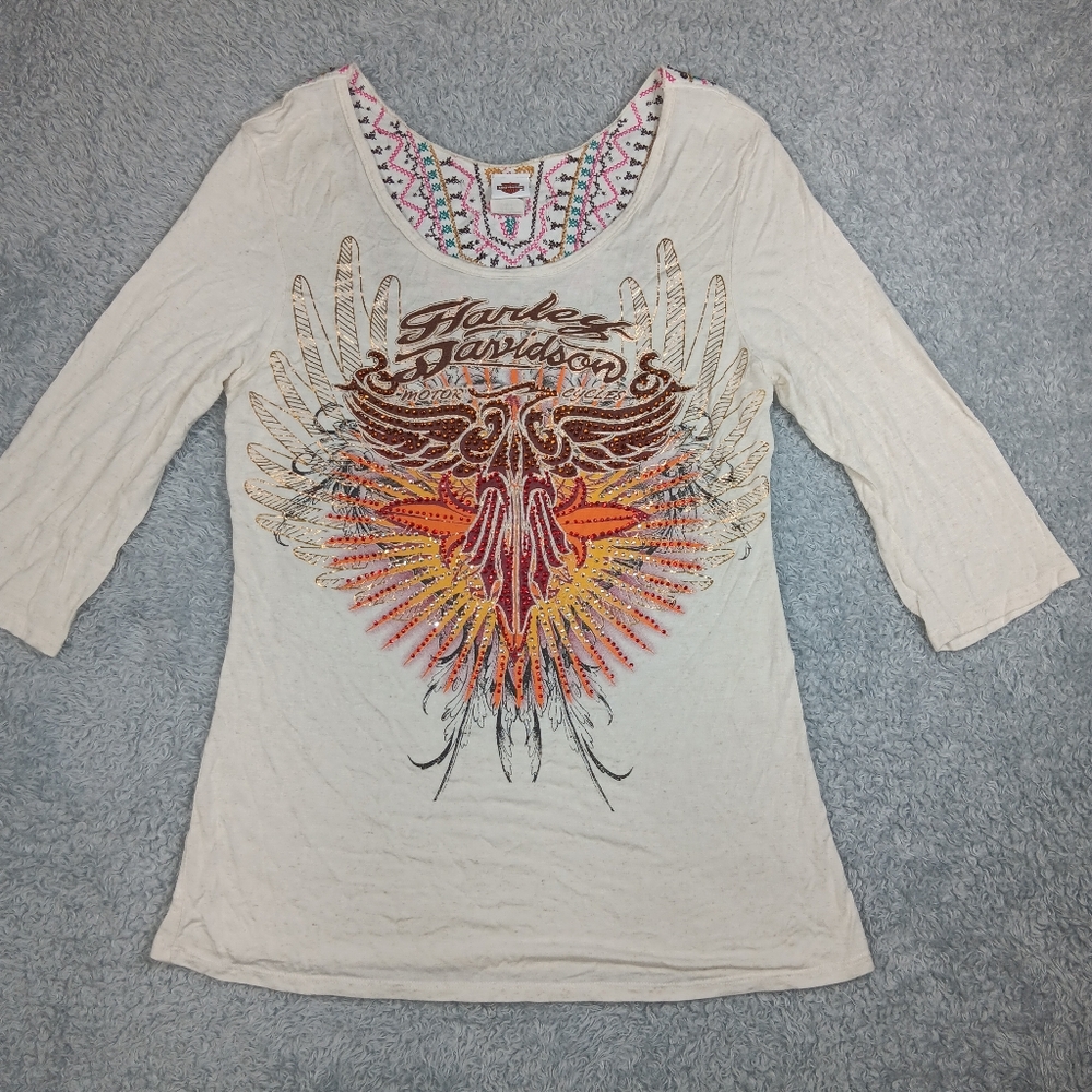 Harley Davidson Vtg Y2K  Beaded Embroidered  Wings Biker Womens Shirt Size Large